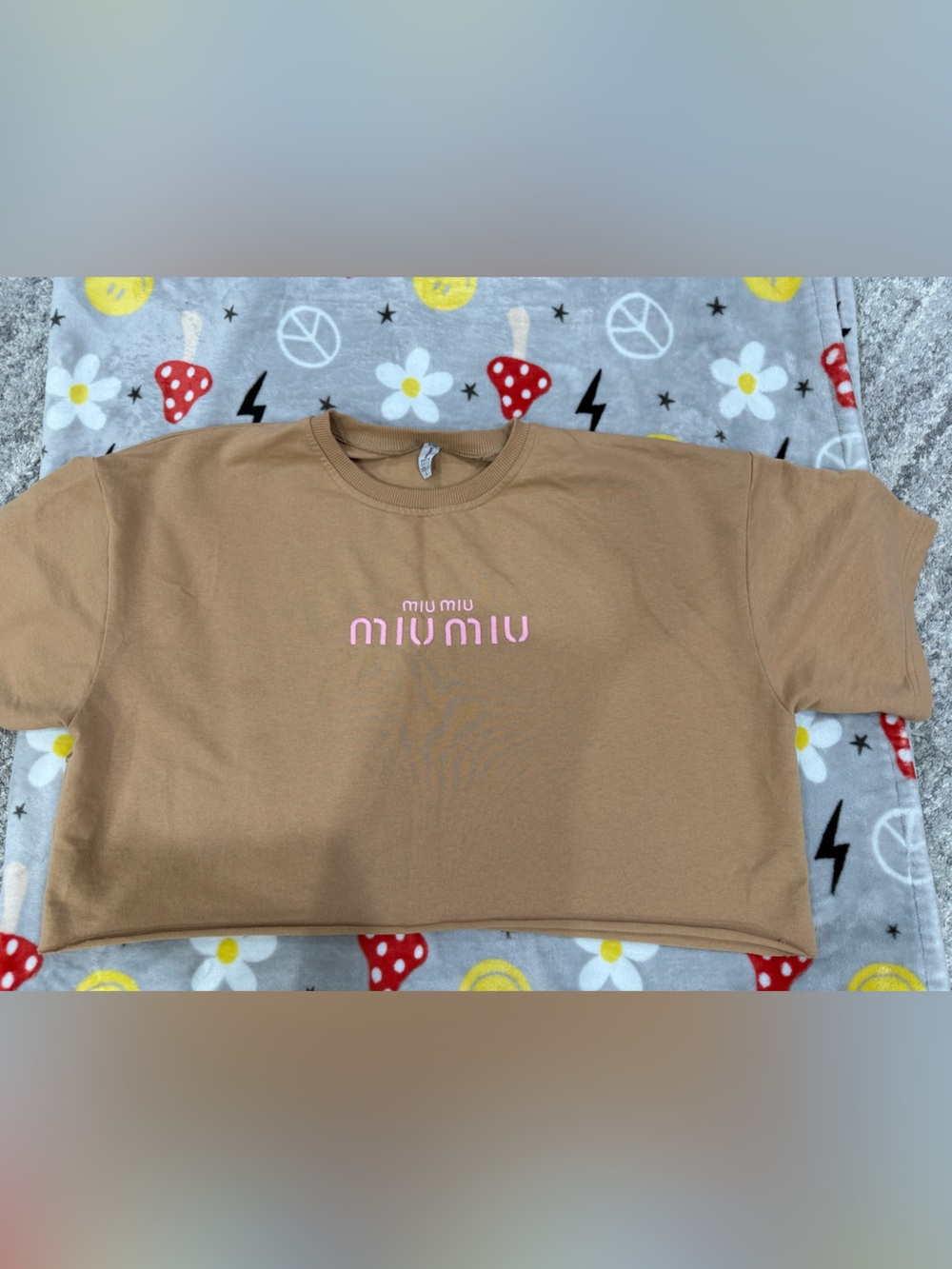 Miu Miu style Tan Tee with Pink Logo cropped oversize t shirt